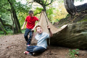 Boys with den in woodland